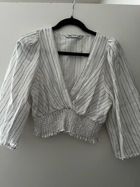 ZARA White Blouse with Black Pinstripes and Smocked Waist